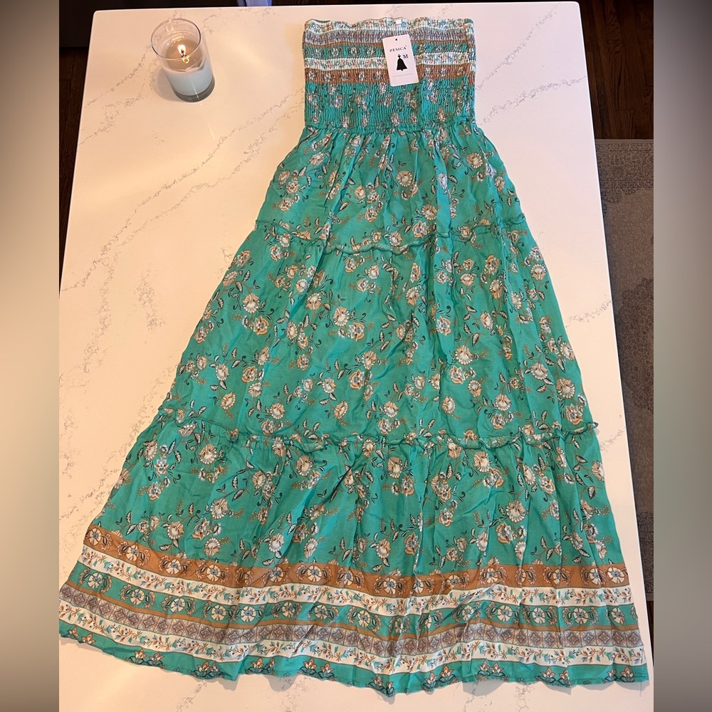 Summer Bohemian Floral Printed Strapless Beach Party Long Maxi Dress